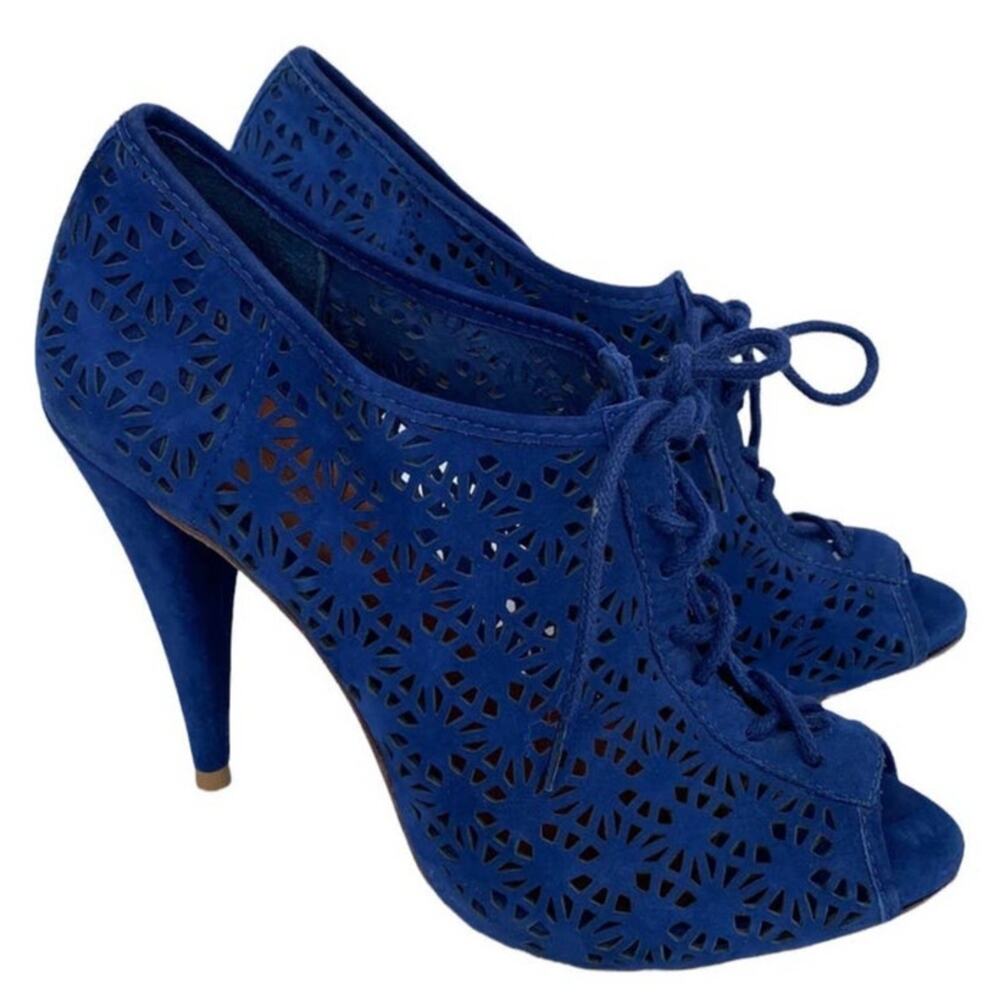 Schutz Blue Laser Cut Lace Up Peep Toe Booties 8B